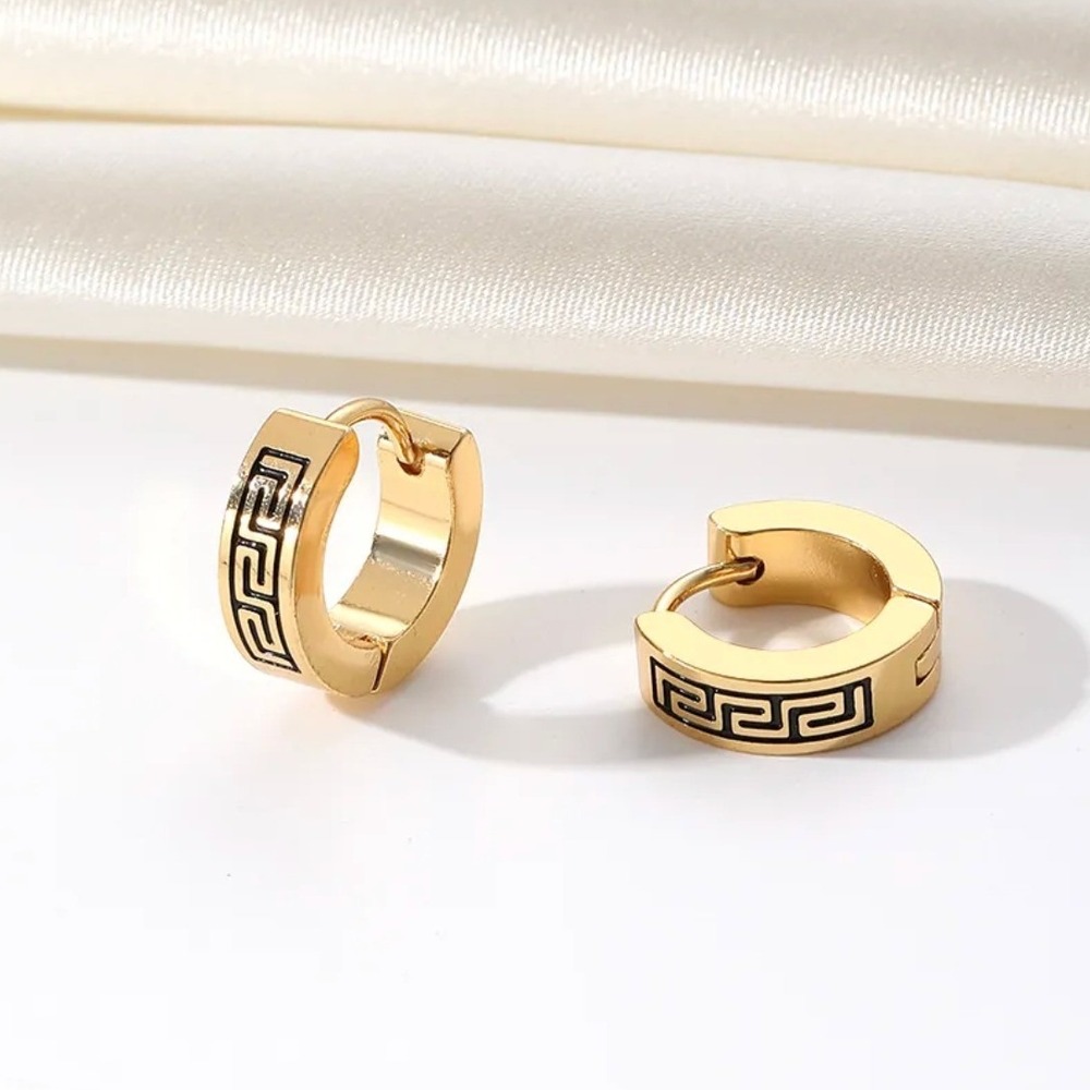 Stainless Steel Greek Key Huggie Hoop Earrings Meander Geometric Small Hoops